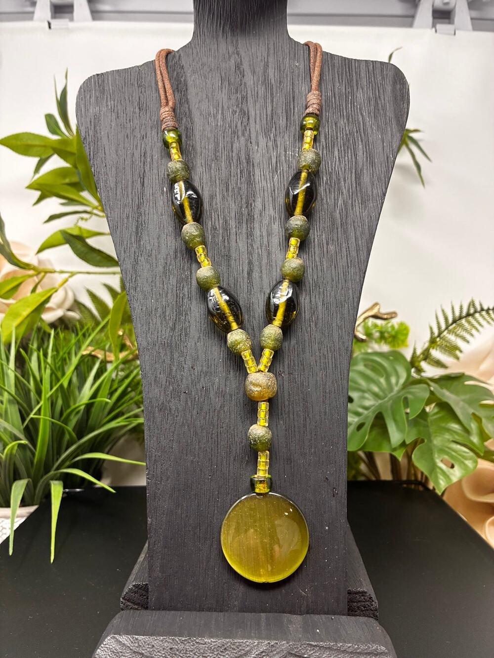 Bijou Brigitte Olive Green Glass Beaded Statement Pendant Necklace